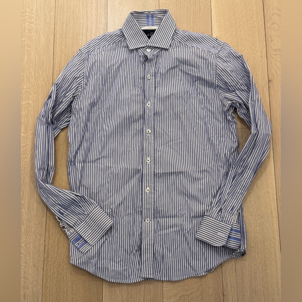 Robert Graham Blue & White Stripe Shirt - Tailored Fit Size Small